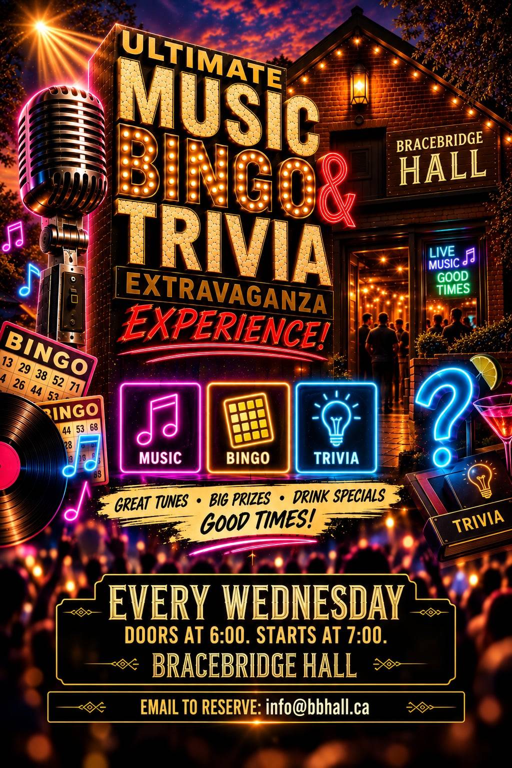 Ultimate Music Bingo & Trivia Extravaganza Experience — every Wednesday at Bracebridge Hall, doors at 6, starts at 7