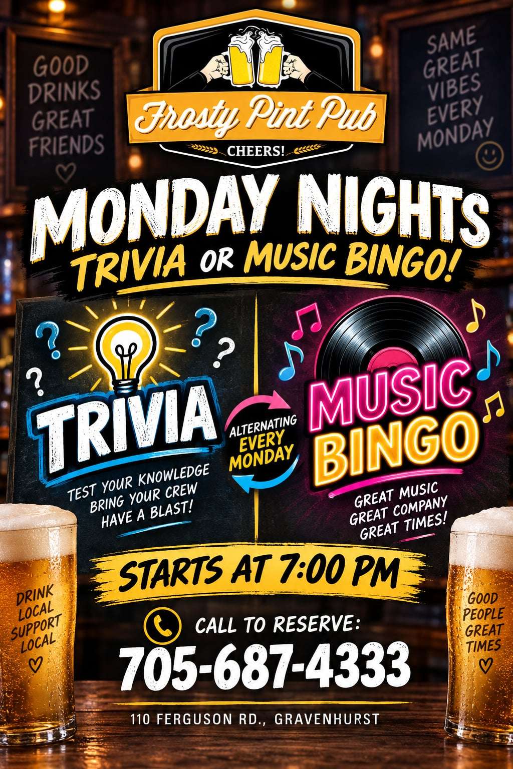Frosty Pint Pub — Monday Nights, Trivia or Music Bingo alternating every Monday, starts at 7 PM, 110 Ferguson Rd, Gravenhurst